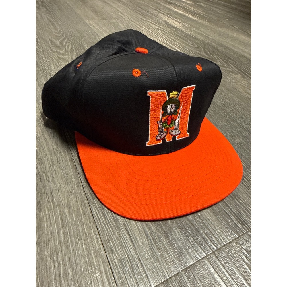 Vintage 1993 Looney Tunes Marvin the Martian Snapback Hat Black Orange Cap 90s